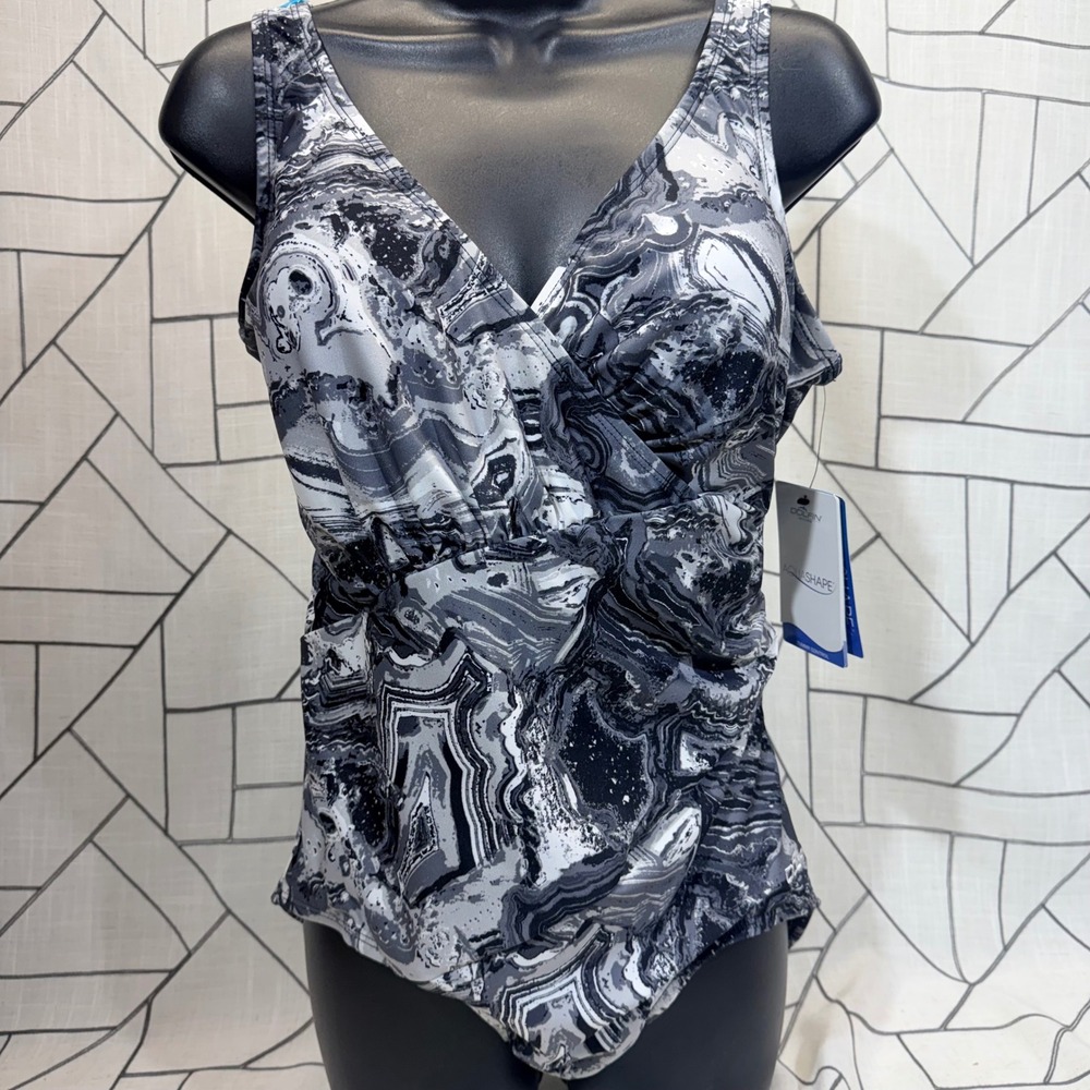Dolfin Aquashape One Piece Swimsuit Size 14‎ Gray Marble Tummy Control UPF 50+